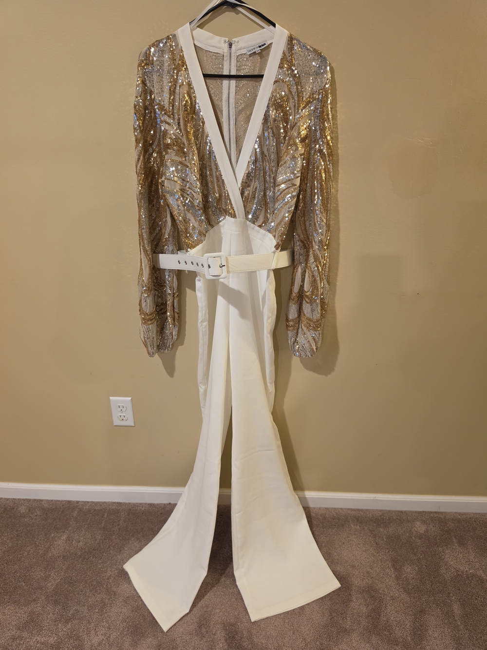 Fashion Nova Holly Sequin White Jumpsuit with Gold Accents & White Belt